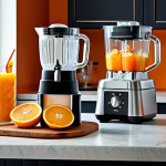 **

A modern home bar setup featuring a sleek blender with a glass jar, an ice maker dispensing ice cubes, and a citrus juicer with freshly squeezed oranges. Focus on the appliances and the ingredients, emphasizing freshness and vibrant colors.

**