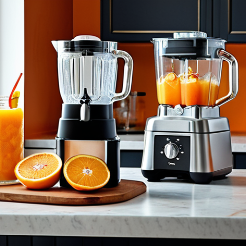 **

A modern home bar setup featuring a sleek blender with a glass jar, an ice maker dispensing ice cubes, and a citrus juicer with freshly squeezed oranges. Focus on the appliances and the ingredients, emphasizing freshness and vibrant colors.

**
