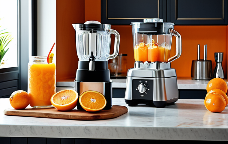 **
A modern home bar setup featuring a sleek blender with a glass jar, an ice maker dispensing ice cubes, and a citrus juicer with freshly squeezed oranges. Focus on the appliances and the ingredients, emphasizing freshness and vibrant colors.
**