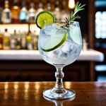 **

"Elegant gin tonic, served in a tall glass with ice and a lime wedge. A sprig of rosemary adds aromatic appeal. The background is a warmly lit bar with blurred patrons. Professional photography, high resolution, safe for work, appropriate content, fully clothed, professional, modest."

**