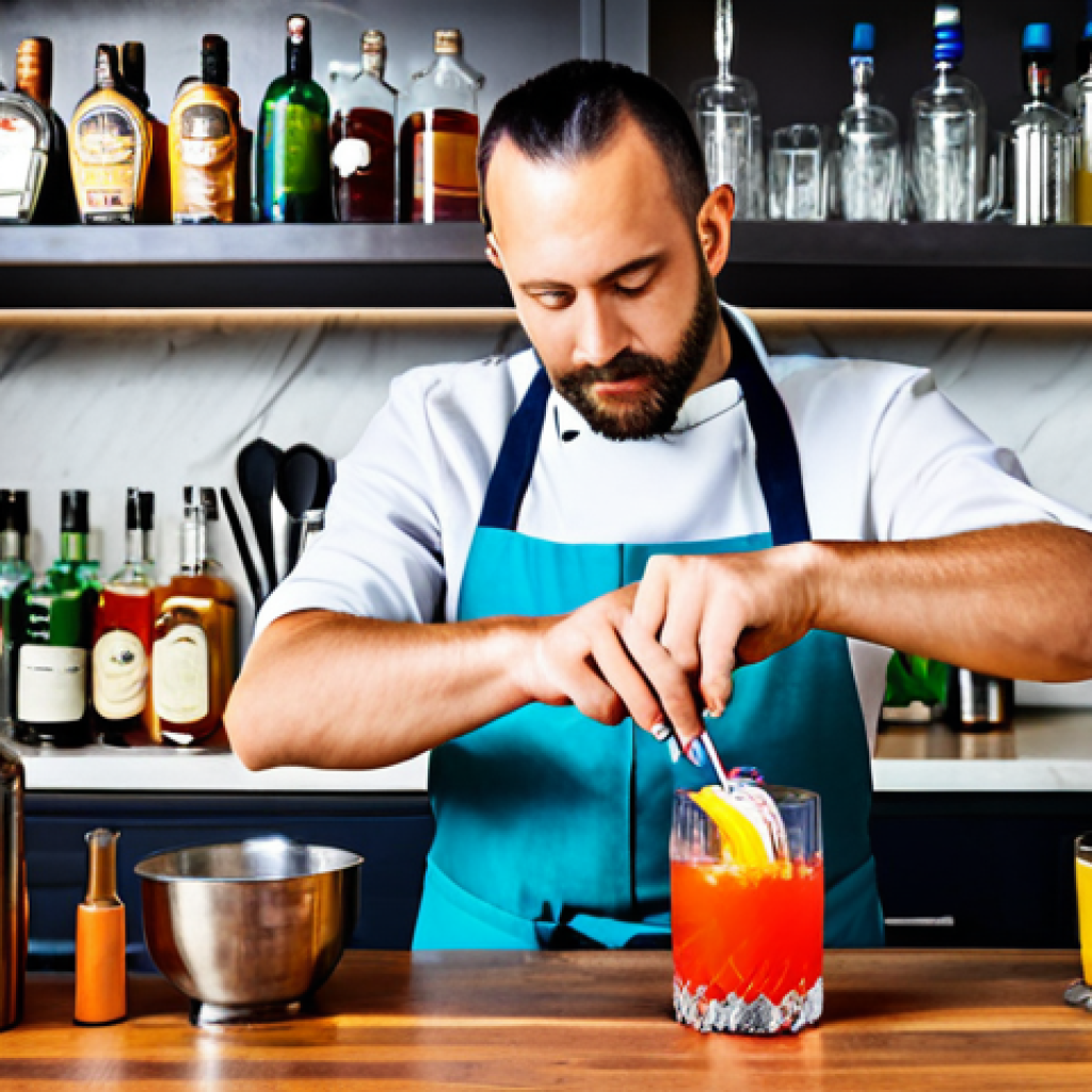 홈바텐더 칵테일 마케팅 - Cocktail Creation**
"A home bartender, fully clothed in an appropriate apron, expertly crafting a c...