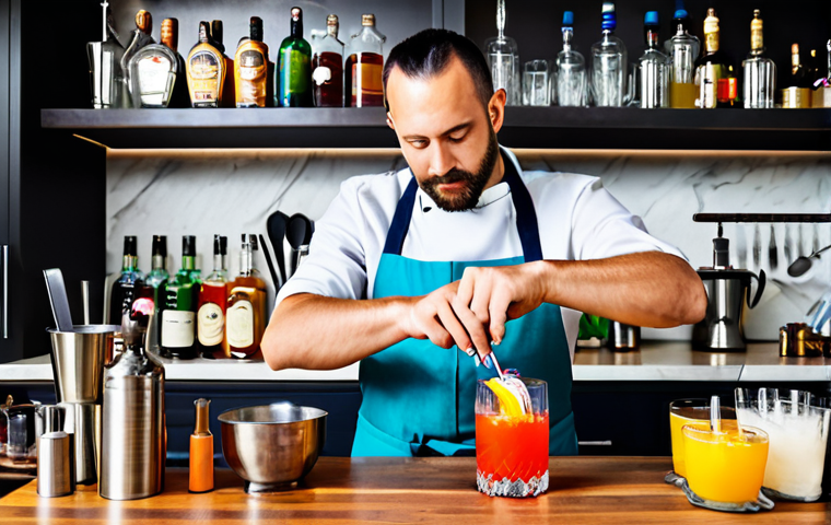 홈바텐더 칵테일 마케팅 - Cocktail Creation**

"A home bartender, fully clothed in an appropriate apron, expertly crafting a c...