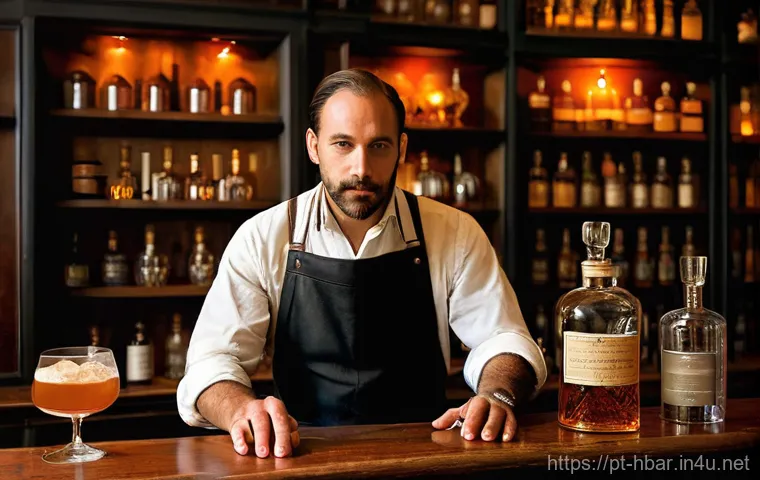 홈바텐더 숙성 칵테일 - **Prompt 1: The Alchemist's Study**
    "A cozy and sophisticated home bar setting, with a male or f...