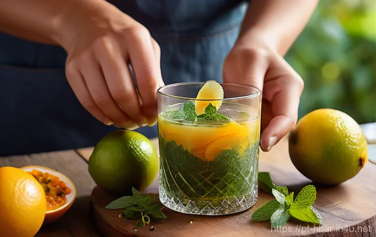 홈바텐더 SNS 칵테일 트렌드 - Prompt 1: "Farm-to-Glass" Summer Refreshment**