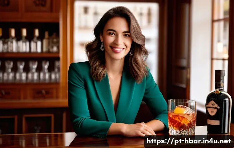 홈바텐더 얼음 종류 및 사용법 - A sophisticated, candid photograph of a woman in her early 30s, elegantly dressed in smart casual at...