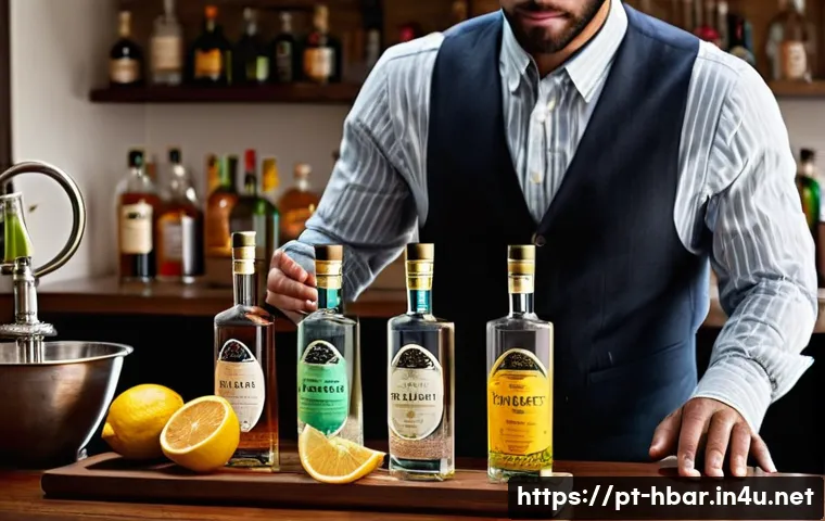 홈바텐더 믹솔로지 개념 - **Prompt:** "A vibrant and inviting home bar setup, meticulously organized on a clean wooden counter...