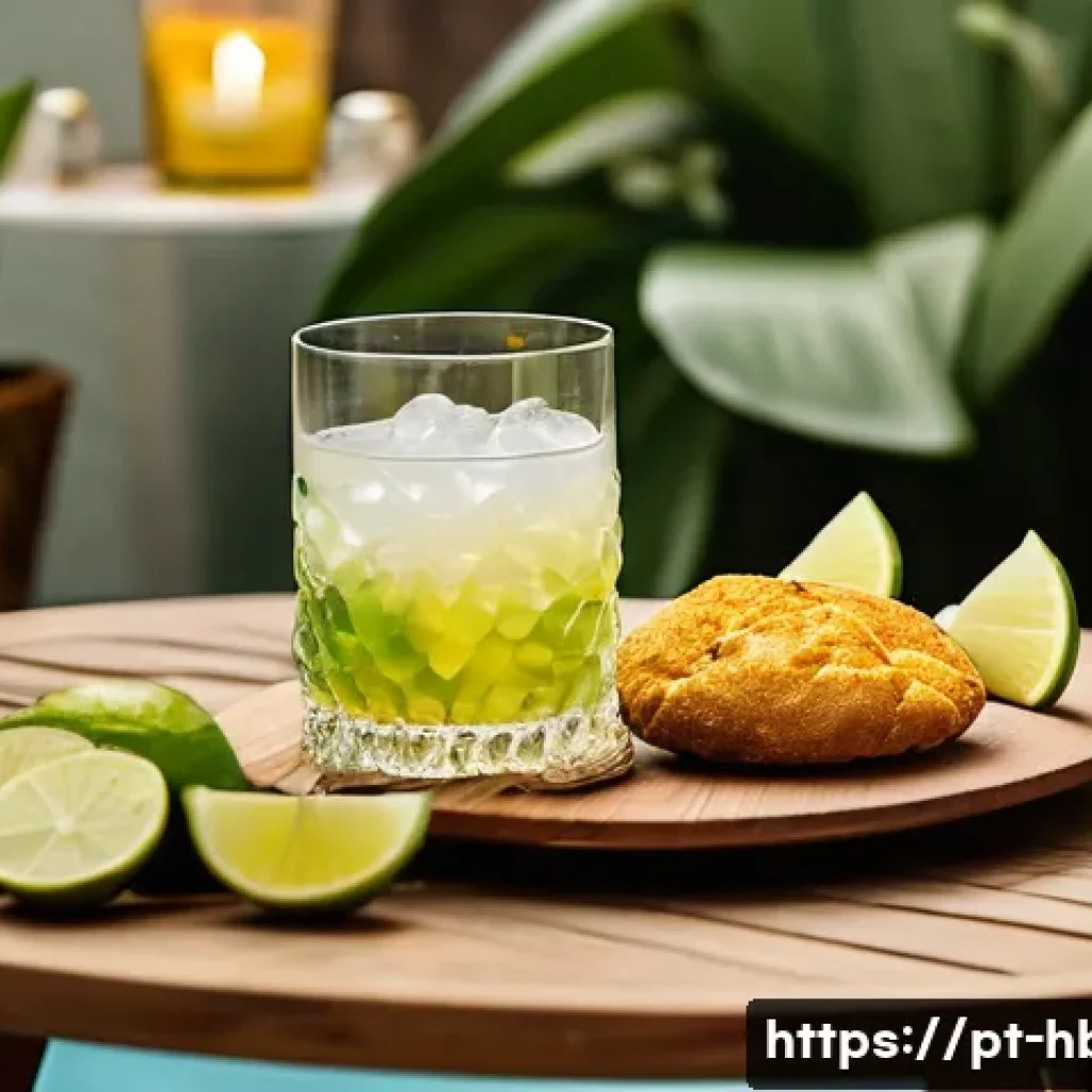 홈바텐더 칵테일과 안주 페어링 - A vibrant cocktail party scene featuring a rustic wooden table set with a variety of Brazilian snack...