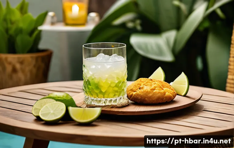 홈바텐더 칵테일과 안주 페어링 - A vibrant cocktail party scene featuring a rustic wooden table set with a variety of Brazilian snack...