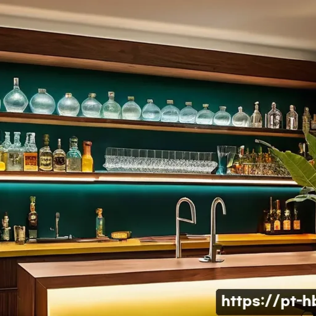 홈바텐더 한방 칵테일 - A cozy and stylish home bar setup in a modern Brazilian apartment, featuring a wooden countertop wit...