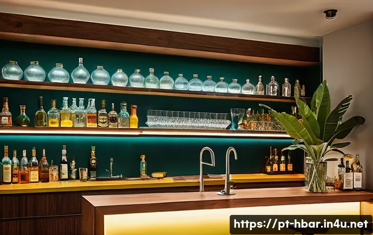 홈바텐더 한방 칵테일 - A cozy and stylish home bar setup in a modern Brazilian apartment, featuring a wooden countertop wit...