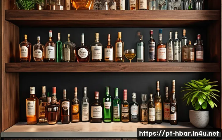 홈바텐더 홈바 비즈니스 아이디어 - A cozy and stylish home bar corner in a modern Brazilian apartment, featuring warm ambient lighting ...