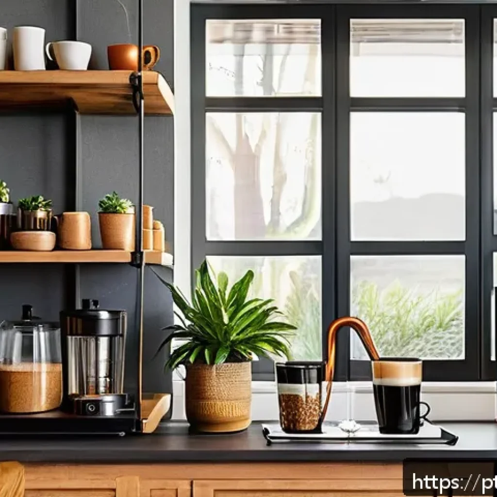 홈바텐더 홈카페 홈바 조합 - A cozy home beverage corner set next to a kitchen, featuring natural sunlight streaming through near...