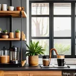 Home 22 홈바텐더 홈카페 홈바 조합 - A cozy home beverage corner set next to a kitchen, featuring natural sunlight streaming through near...