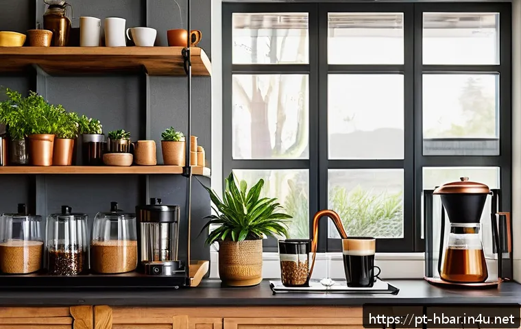 홈바텐더 홈카페   홈바 조합 - A cozy home beverage corner set next to a kitchen, featuring natural sunlight streaming through near...