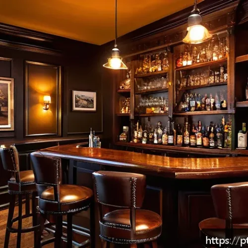 Home 33 홈바텐더 전 세계 바 문화 - A cozy home bar corner inspired by classic Irish pubs, featuring dark wood furniture, vintage leathe...