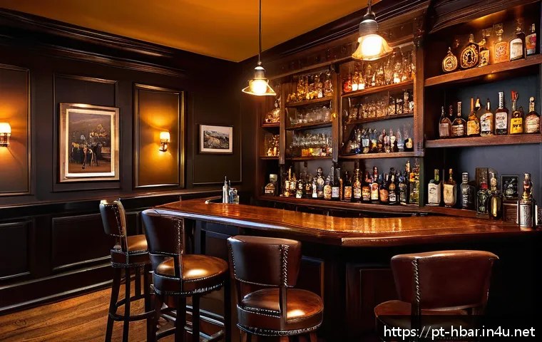홈바텐더 전 세계 바 문화 - A cozy home bar corner inspired by classic Irish pubs, featuring dark wood furniture, vintage leathe...