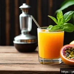 Home 20 홈바텐더 무알콜 칵테일 - A vibrant tropical mocktail scene featuring a clear glass filled with a passion fruit and acerola ju...