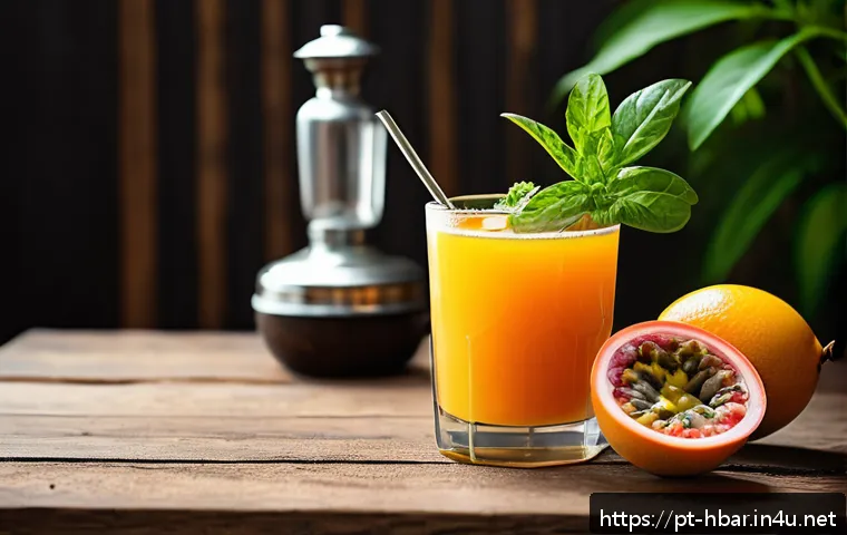 홈바텐더 무알콜 칵테일 - A vibrant tropical mocktail scene featuring a clear glass filled with a passion fruit and acerola ju...