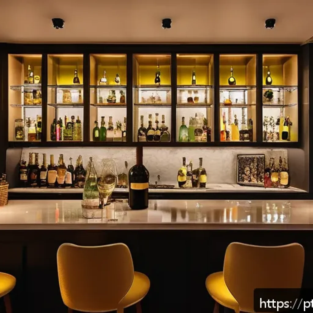 홈바텐더 홈바 음악 추천 - Cozy and elegant home bar interior in a Brazilian apartment, featuring warm ambient lighting with so...