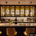 Home 19 홈바텐더 홈바 음악 추천 - Cozy and elegant home bar interior in a Brazilian apartment, featuring warm ambient lighting with so...