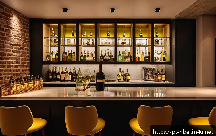 홈바텐더 홈바 음악 추천 - Cozy and elegant home bar interior in a Brazilian apartment, featuring warm ambient lighting with so...