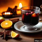 Home 18 홈바텐더 겨울 칵테일 - A cozy winter scene featuring a rustic wooden table set with a steaming glass of Glühwein, garnished...