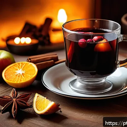 Home 30 홈바텐더 겨울 칵테일 - A cozy winter scene featuring a rustic wooden table set with a steaming glass of Glühwein, garnished...