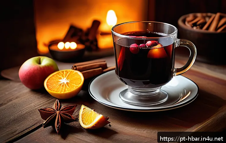 홈바텐더 겨울 칵테일 - A cozy winter scene featuring a rustic wooden table set with a steaming glass of Glühwein, garnished...