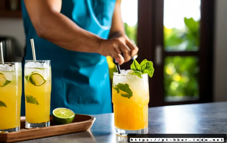 홈바텐더 논알콜 칵테일 레시피 - Photorealistic home bartender preparing a vibrant non-alcoholic passion fruit mojito in a clear high...