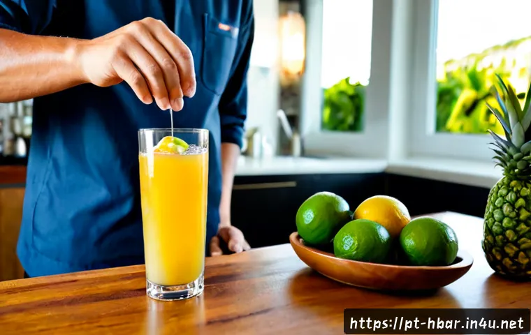 홈바텐더 창작 칵테일 - Photorealistic home bartender creating an original tropical cocktail in a bright Brazilian apartment...