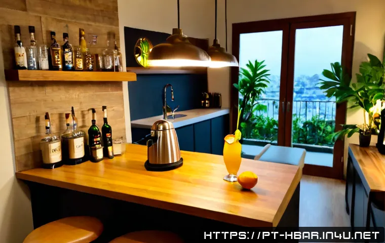 홈바텐더 홈바 인테리어 - Photorealistic cozy Brazilian-inspired home bar interior in a compact apartment living room, warm na...